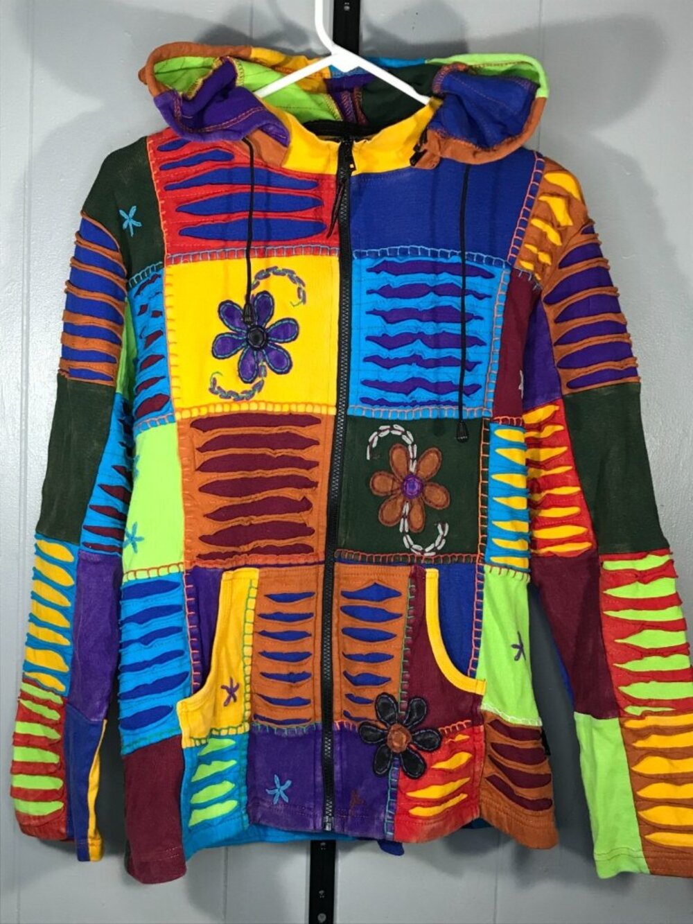 Agan Traders Boho Patch Knit Cotton Pixie Hoodie Funky Sweatshirt Jacket sz XL